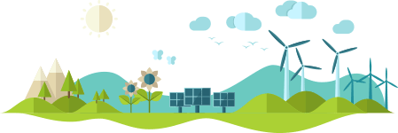 A hand-drawn panorama of green hills, mountains, grass, solar panels, and a wind farm.