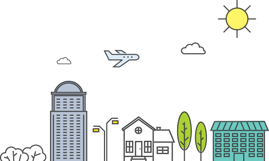 A hand-drawn cityscape, with a sun, buildings, trees, and a plane.